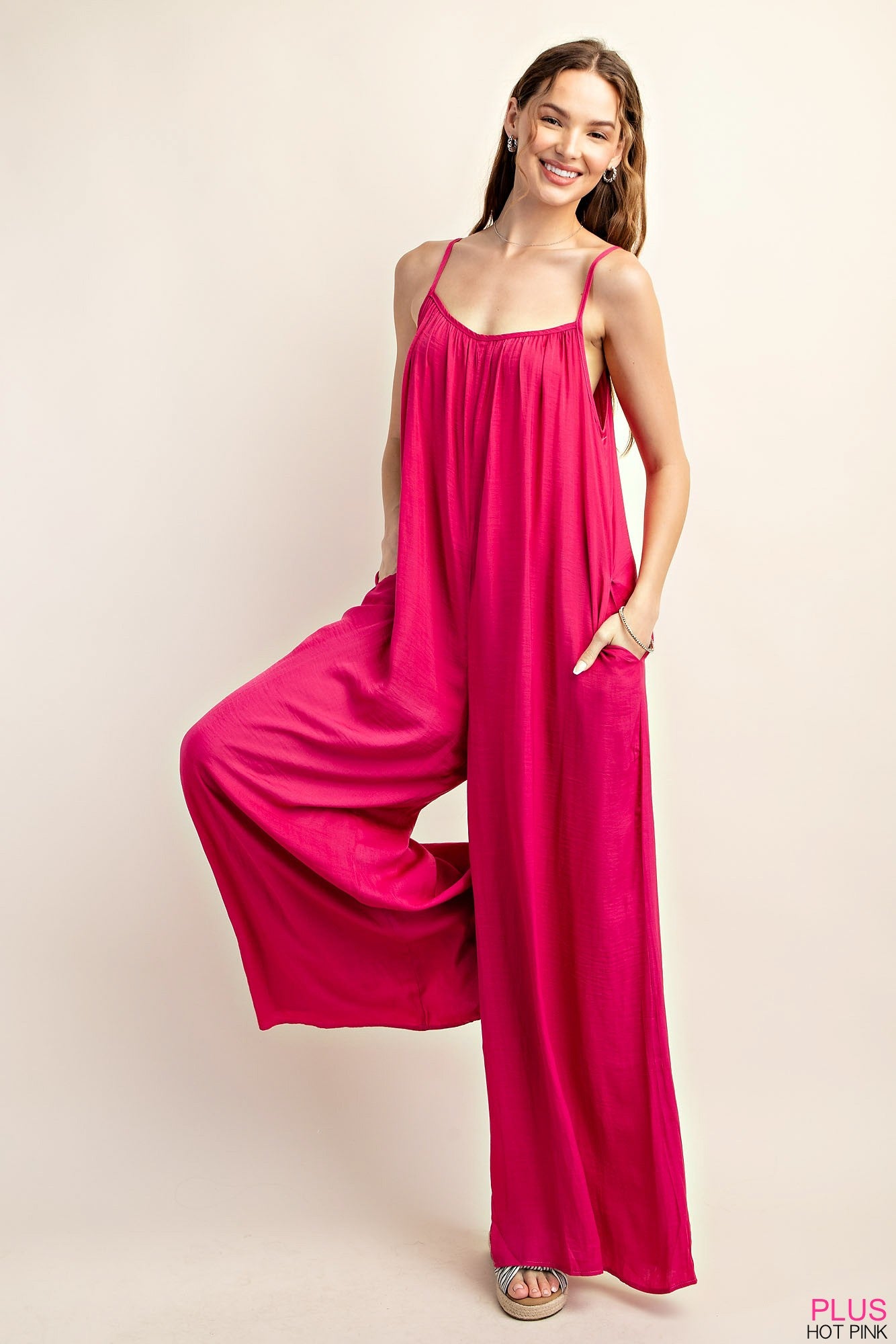 Hot Pink SATIN FABRIC SIDE POCKET JUMPSUIT