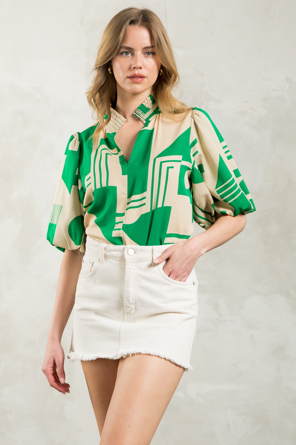 Puff Sleeve Top in Cream and Green