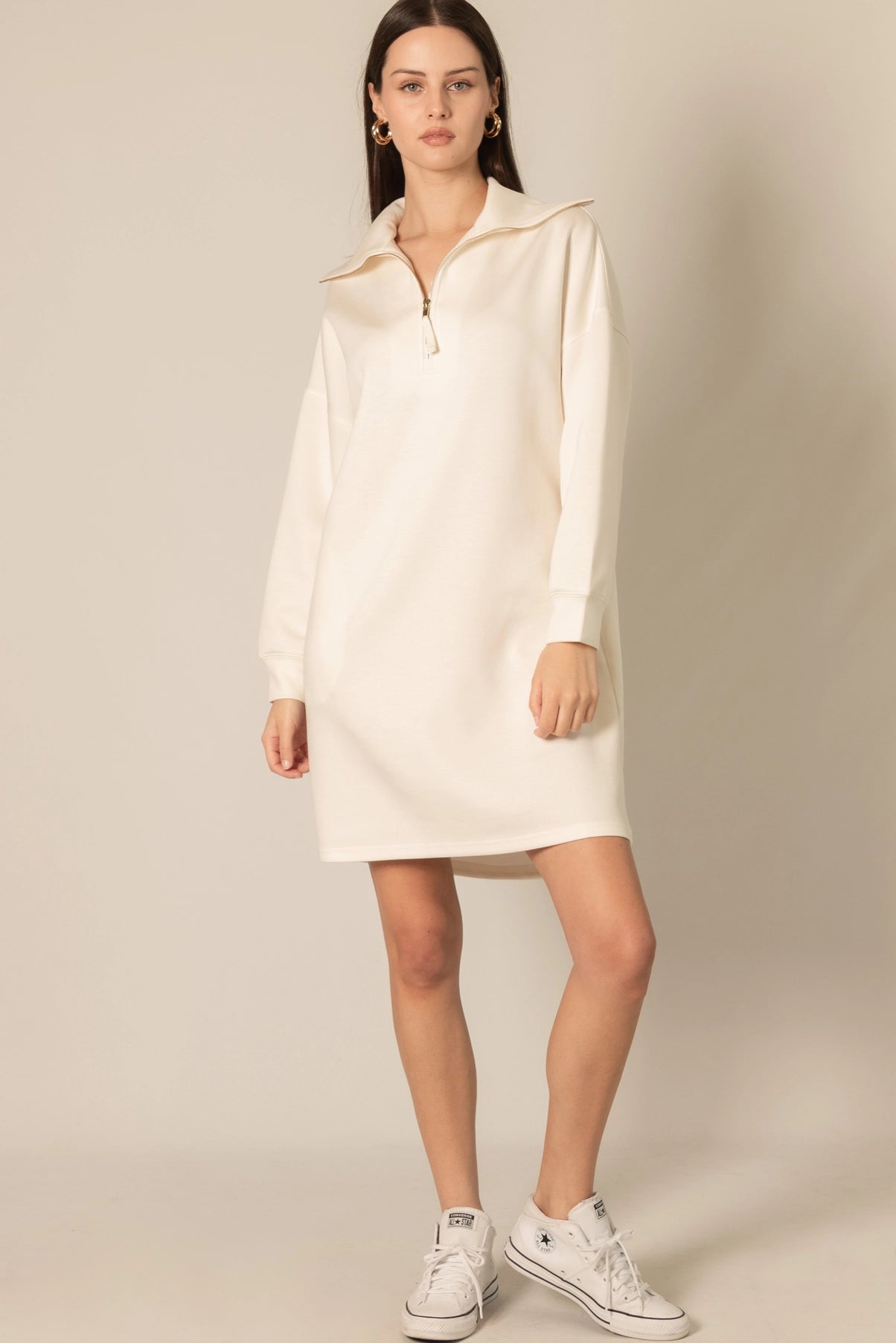 Butter Modal Ivory Zip Up Long Sleeve Dress