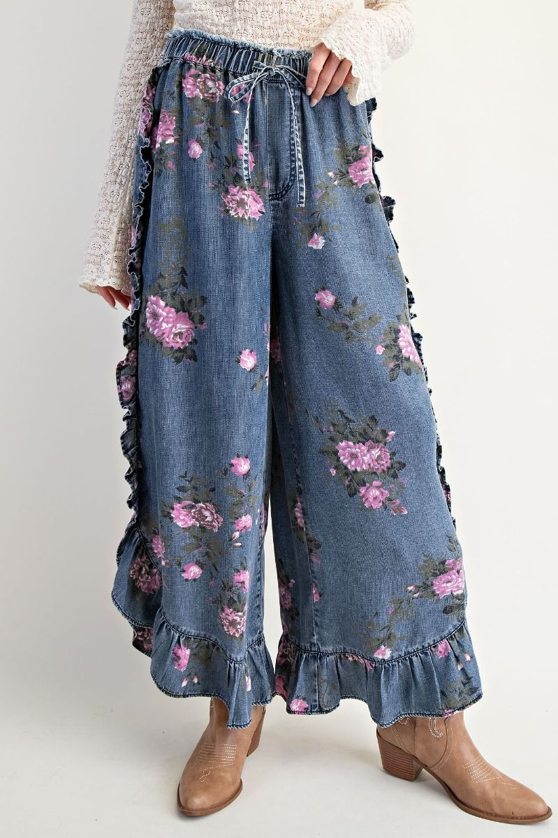 FLORAL PRINTED CHAMBRAY PANTS