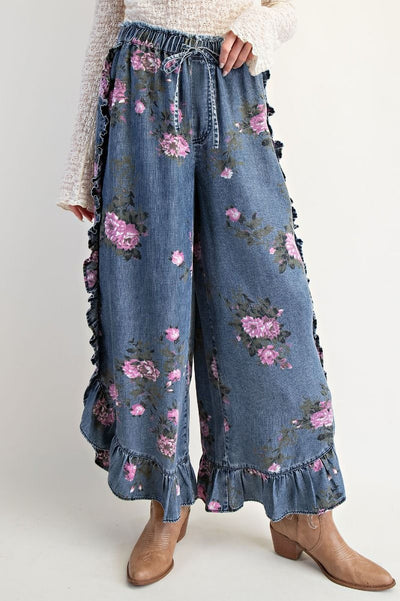 FLORAL PRINTED CHAMBRAY PANTS