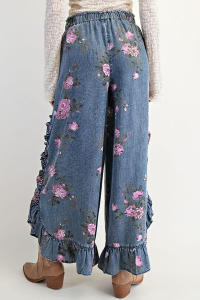 FLORAL PRINTED CHAMBRAY PANTS