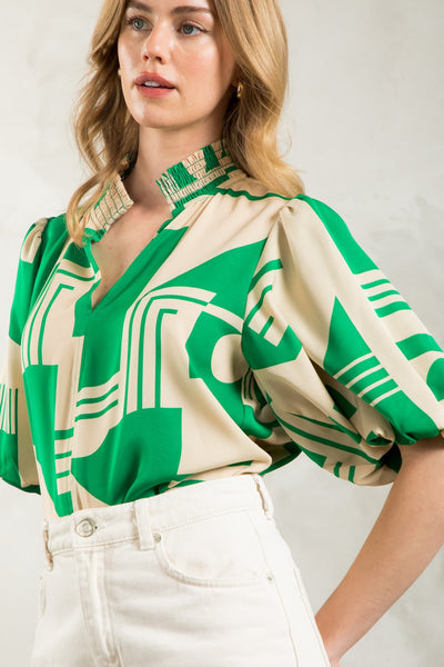 Puff Sleeve Top in Cream and Green