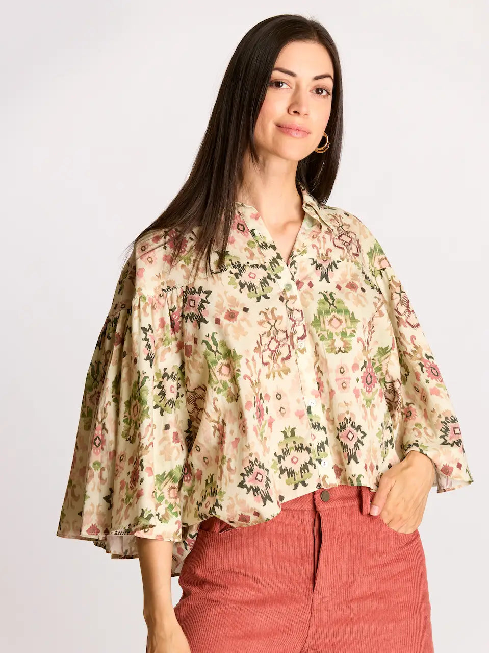 Ikat Print Flowy Sleeve Shirt