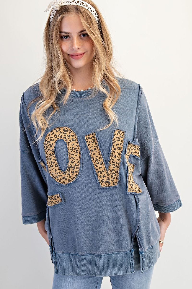 Leopard Love Patch Washed Denim Sweatshirt
