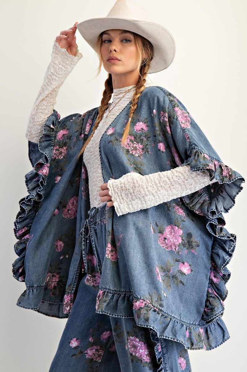 FLORAL PRINTED CHAMBRAY KIMONO