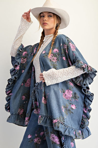 FLORAL PRINTED CHAMBRAY KIMONO