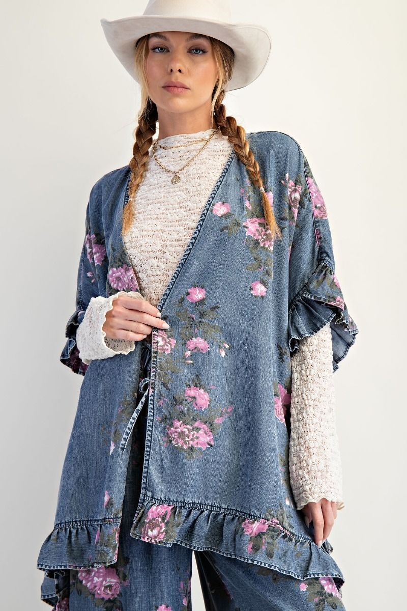 FLORAL PRINTED CHAMBRAY KIMONO