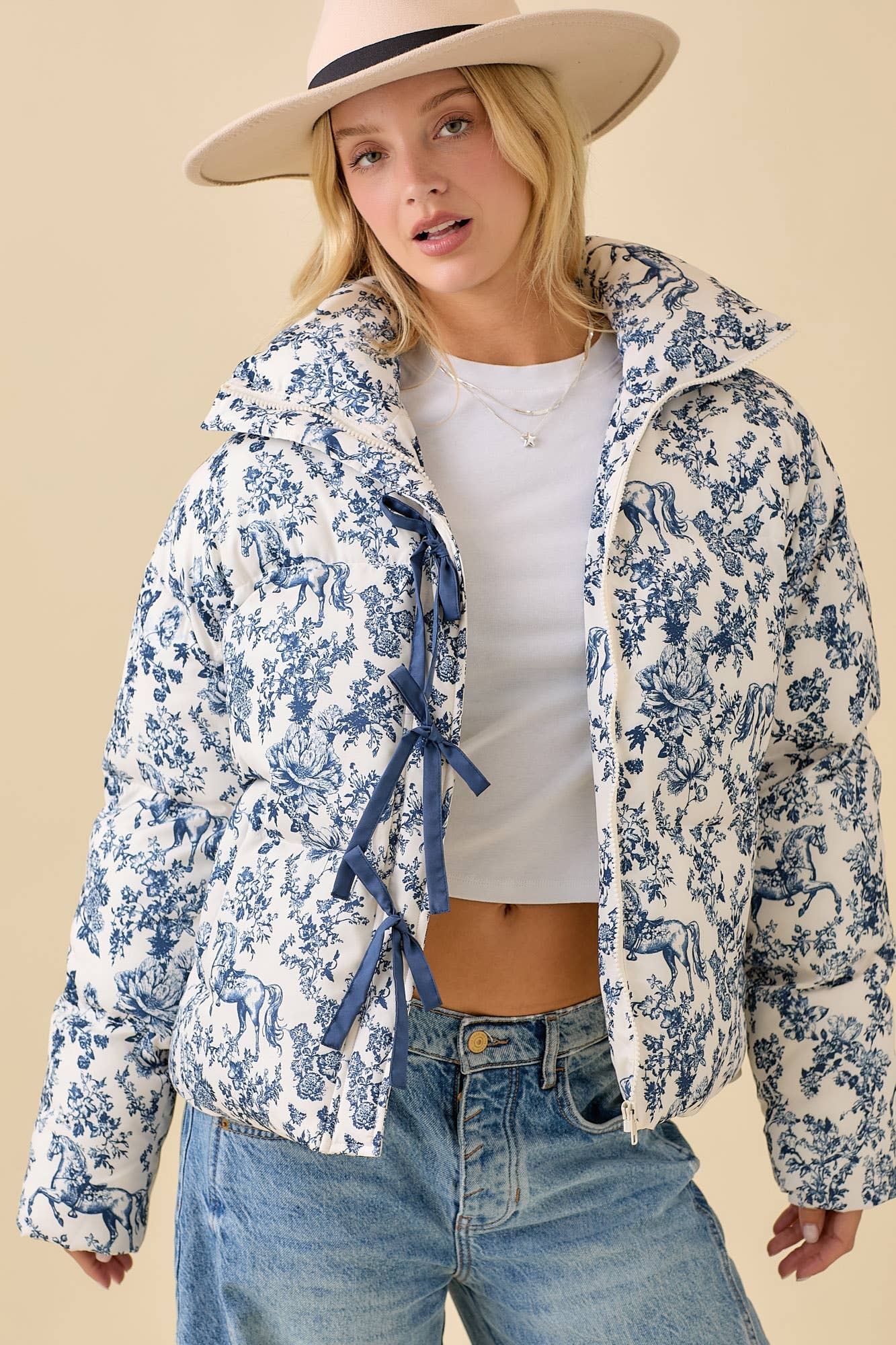 Navy Toile Horse Puff Jacket