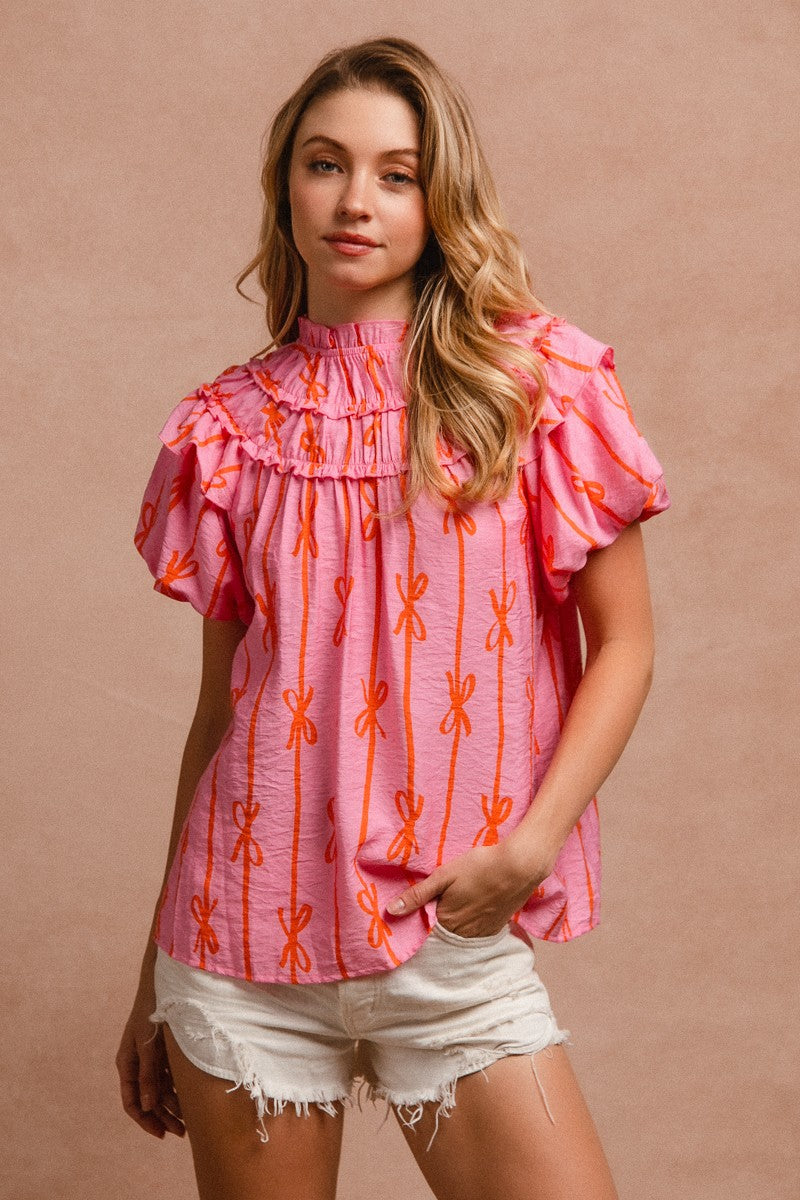 PINK BOW BUBBLE SLEEVE TOP