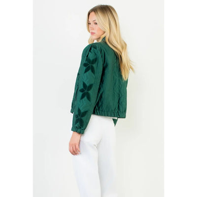 Green Flower Detail Velvet Quilted Jacket