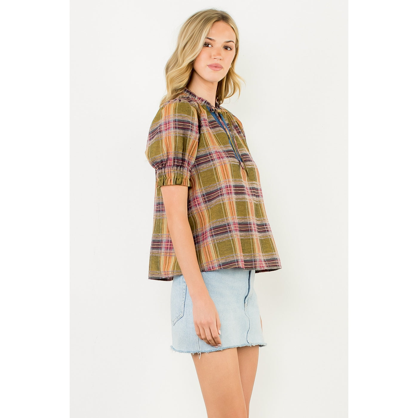 Plaid Puff Sleeve Top