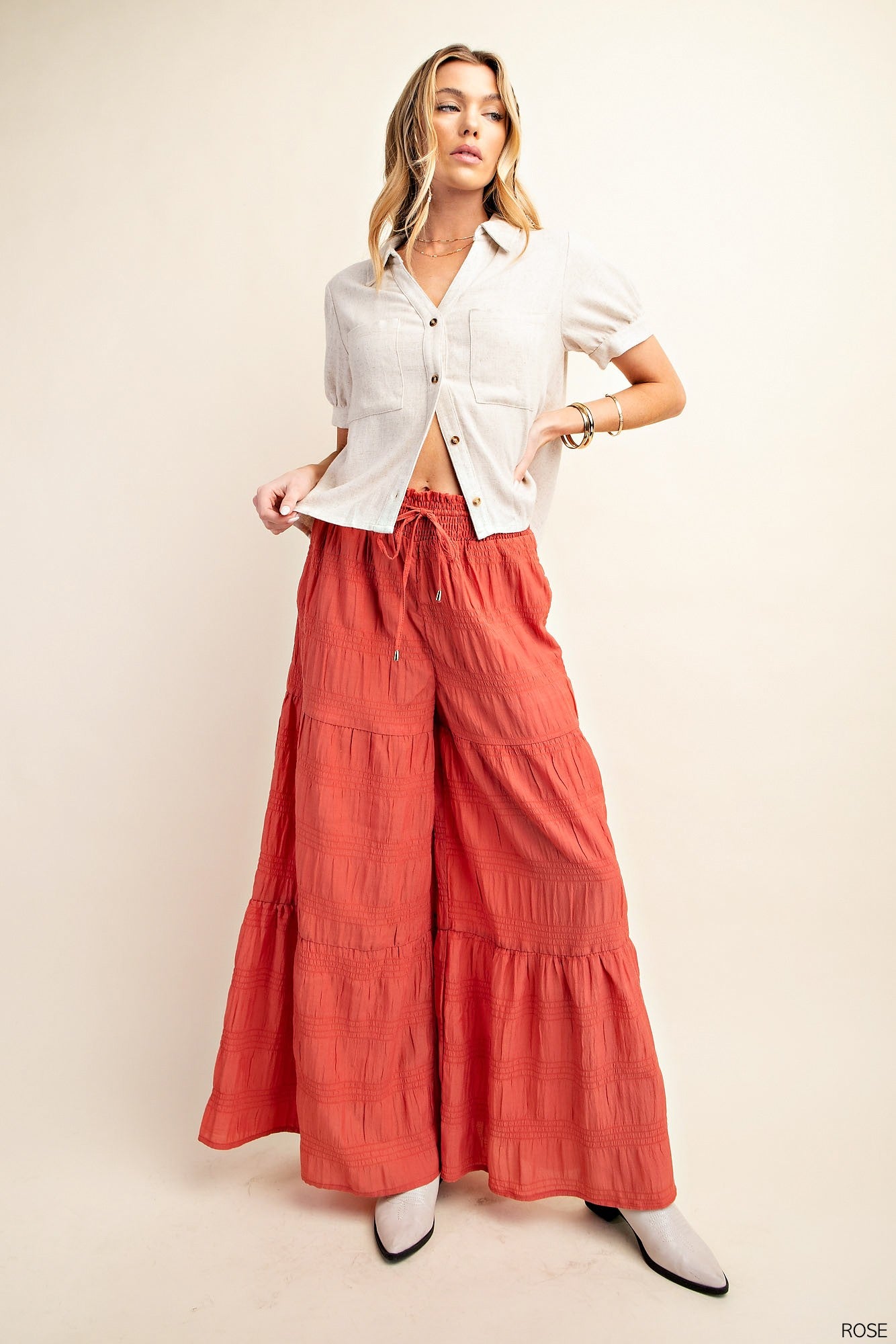 Rose FLOWY SMOCKED WAIST TIERED WIDE LEG PANTS