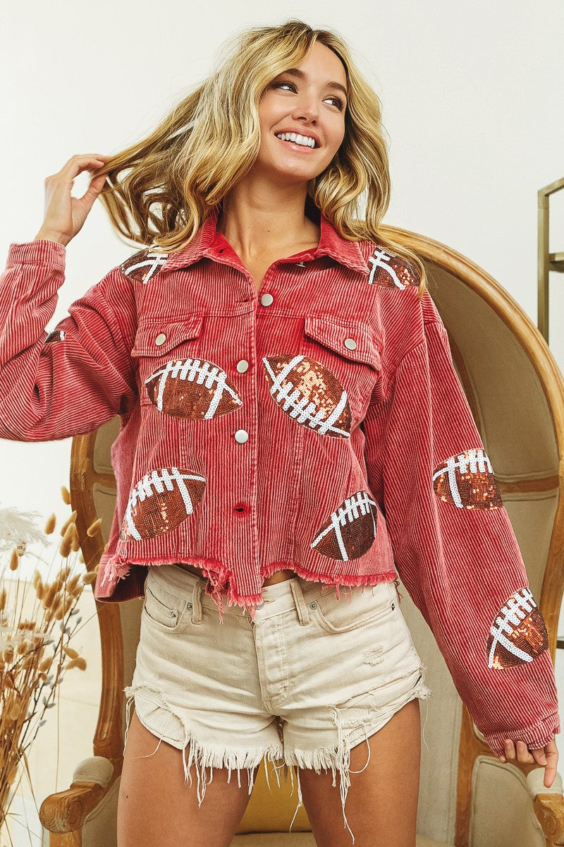 WOMEN'S FOOTBALL SEQUIN EMBROIDERY WASHED CORDUROY JACKET