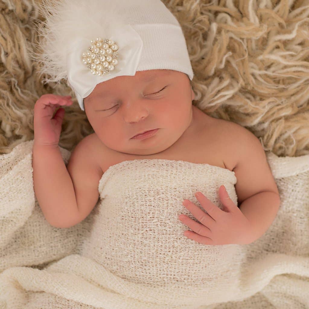 White Fancy Feather With Pearl And Rhinestone Jewel - Newborn
