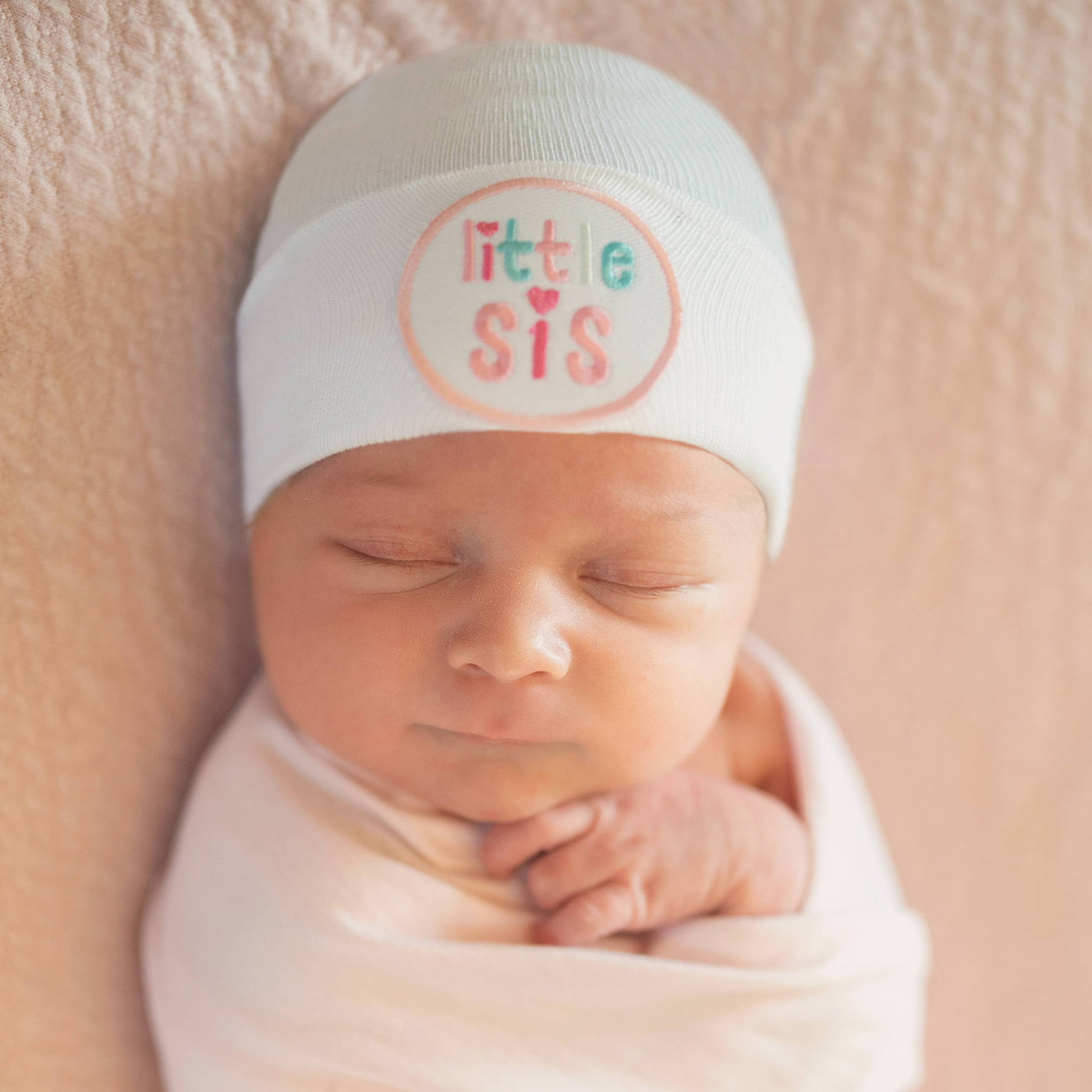 PINK STRIPED OR SOLID WHITE LITTLE SIS BABY GIRL HAT