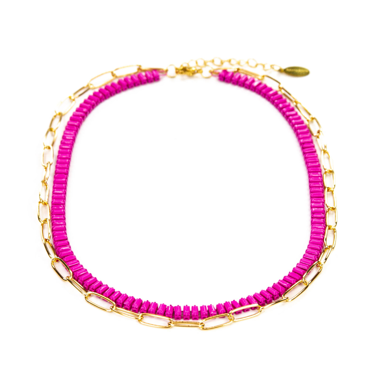 Baguette & Paperclip Chain Link Necklace - Pink