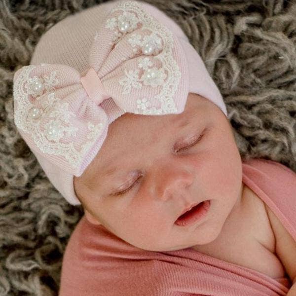 Pink Newborn Hospital Hat with Lace and Pearl Trim