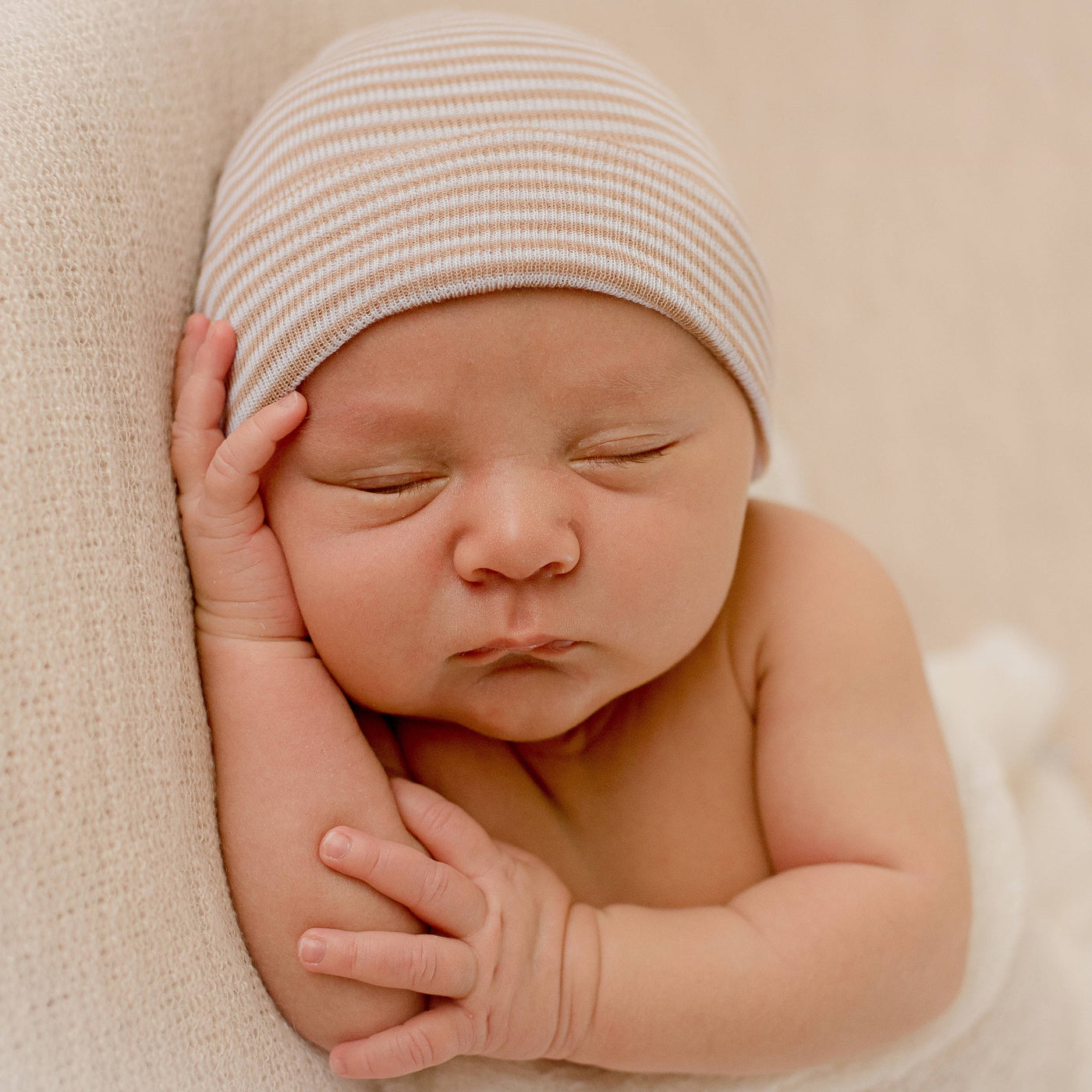 Tan and White Newborn Striped Newborn Hospital Hat